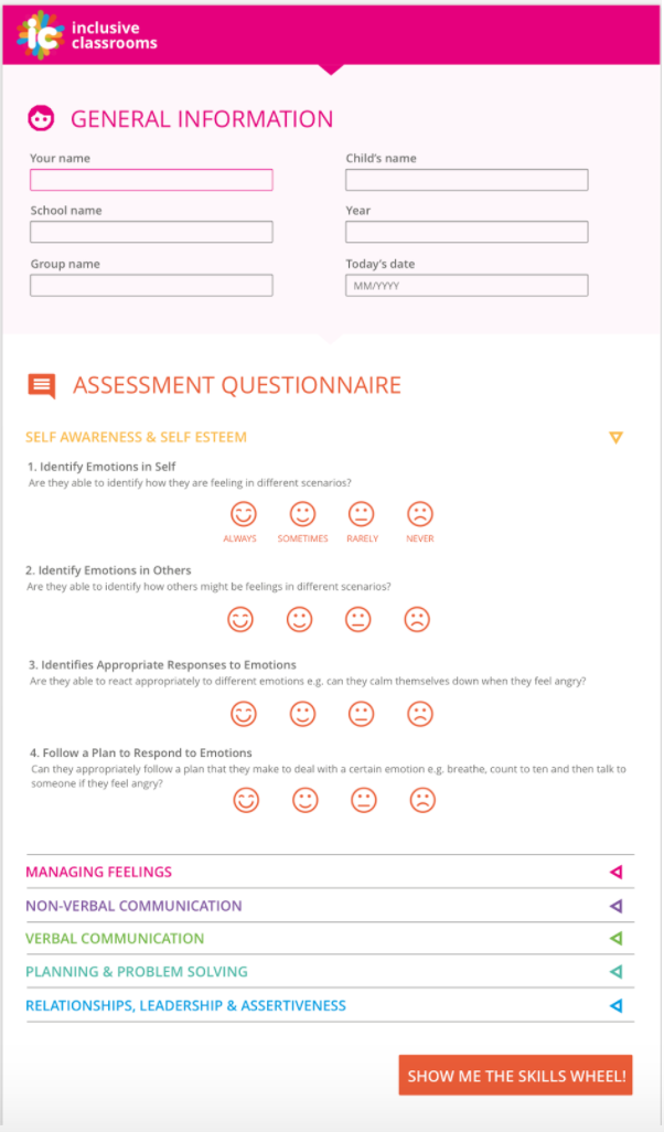 The Inclusive Classrooms site on a questionnaire page